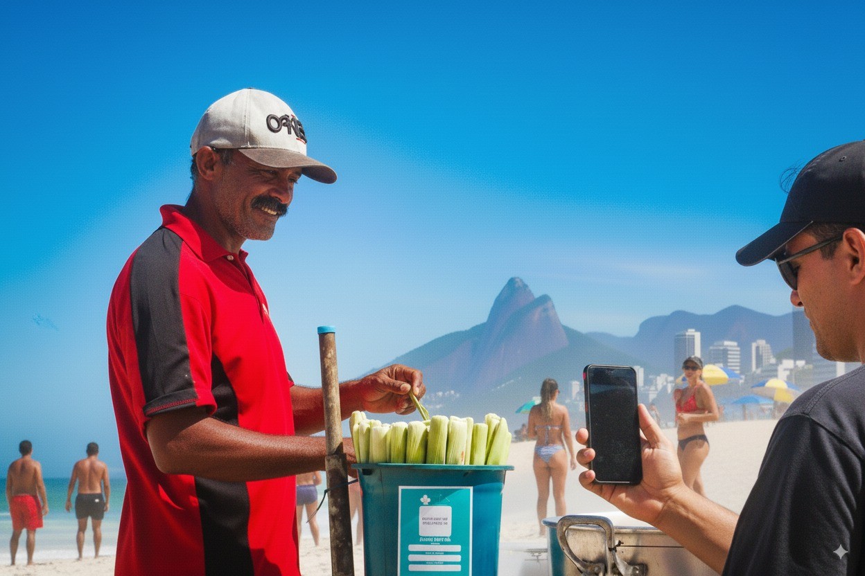 persona en la playa escanenando QR para comprar un choclo en la playa.