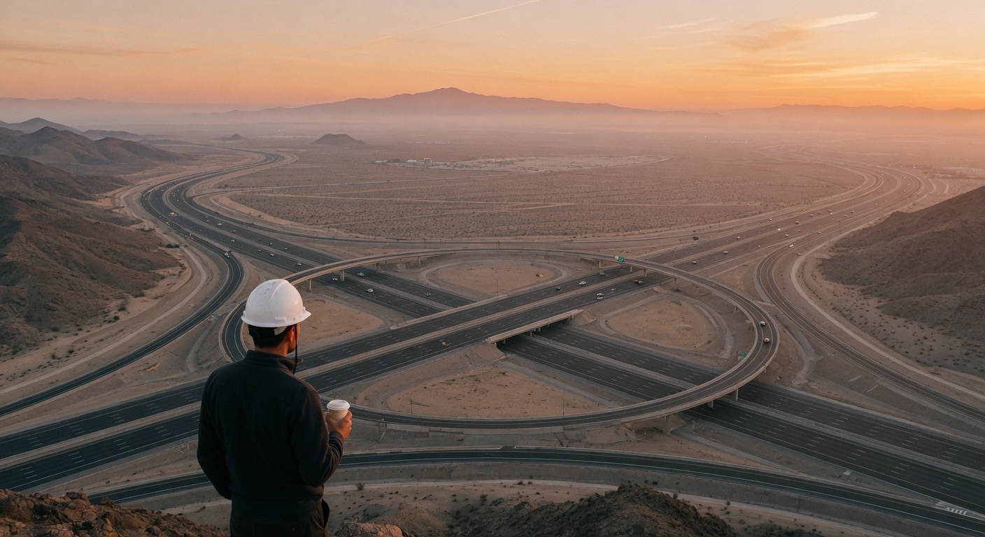 Imagen generada con IA que muestra a un ingeniero mirando como se desplazan los autos por la nueva autopista terminada